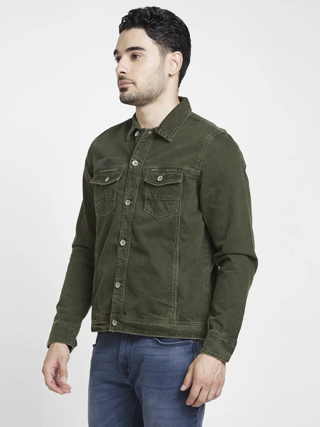 Spykar Men Dark Olive Cotton Regular Fit Denim Jacket