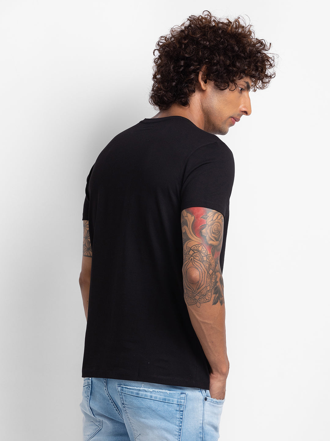 Spykar Black Cotton Half Sleeve Printed Casual T-Shirt For Men