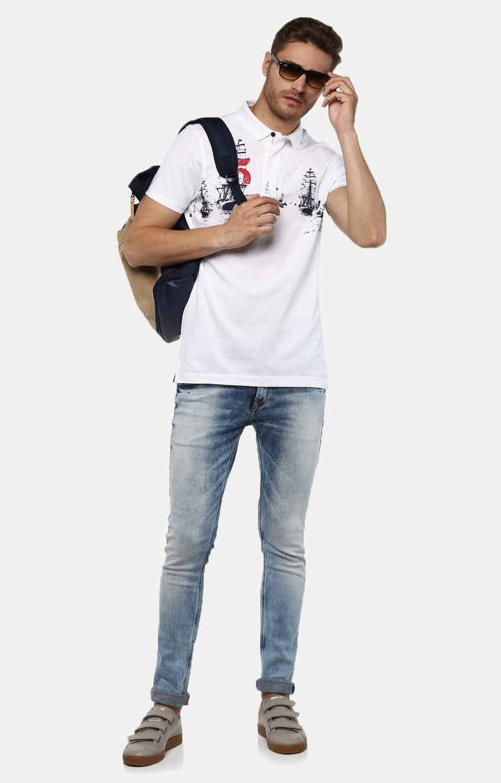 Spykar White Printed Slim Fit Polo T-Shirt