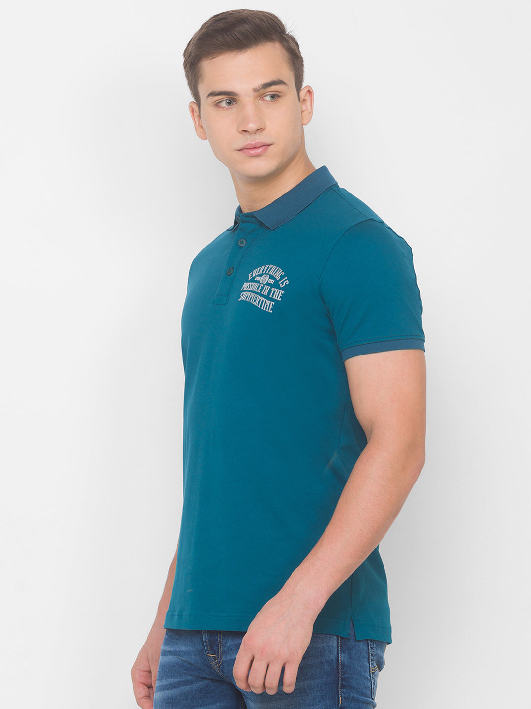 Spykar Men Dusty Turquoise Blended T-Shirt (Slim)