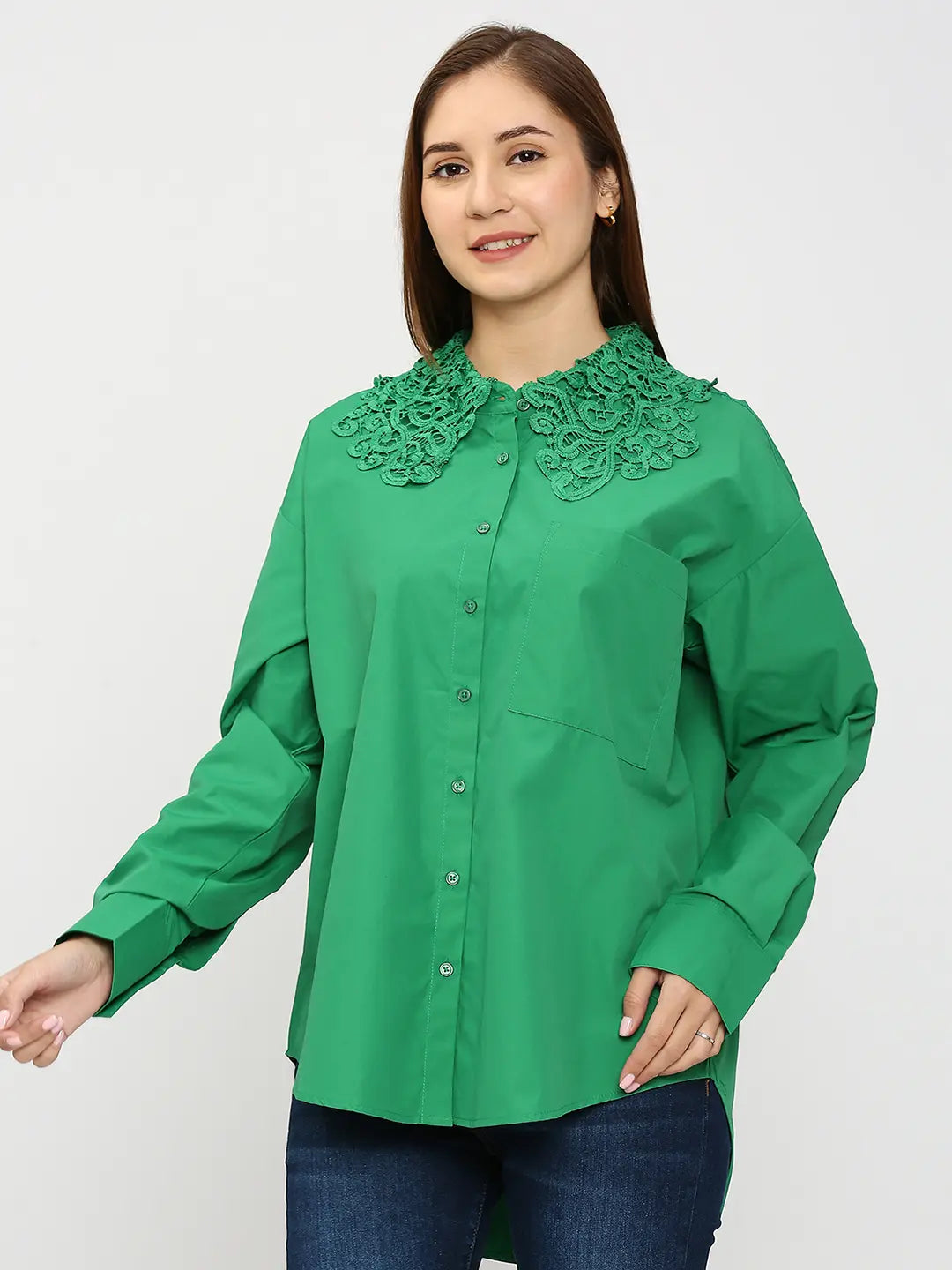 Spykar Women Green Regular Fit Cotton Plain Loose Shirts