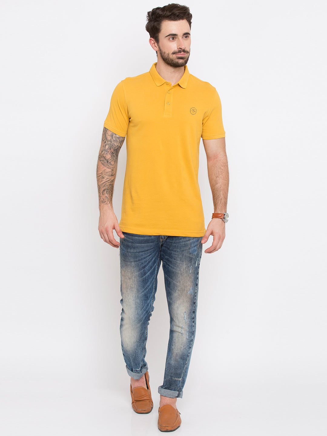 Spykar Yellow Solid Slim Fit Polo Tshirt For Men