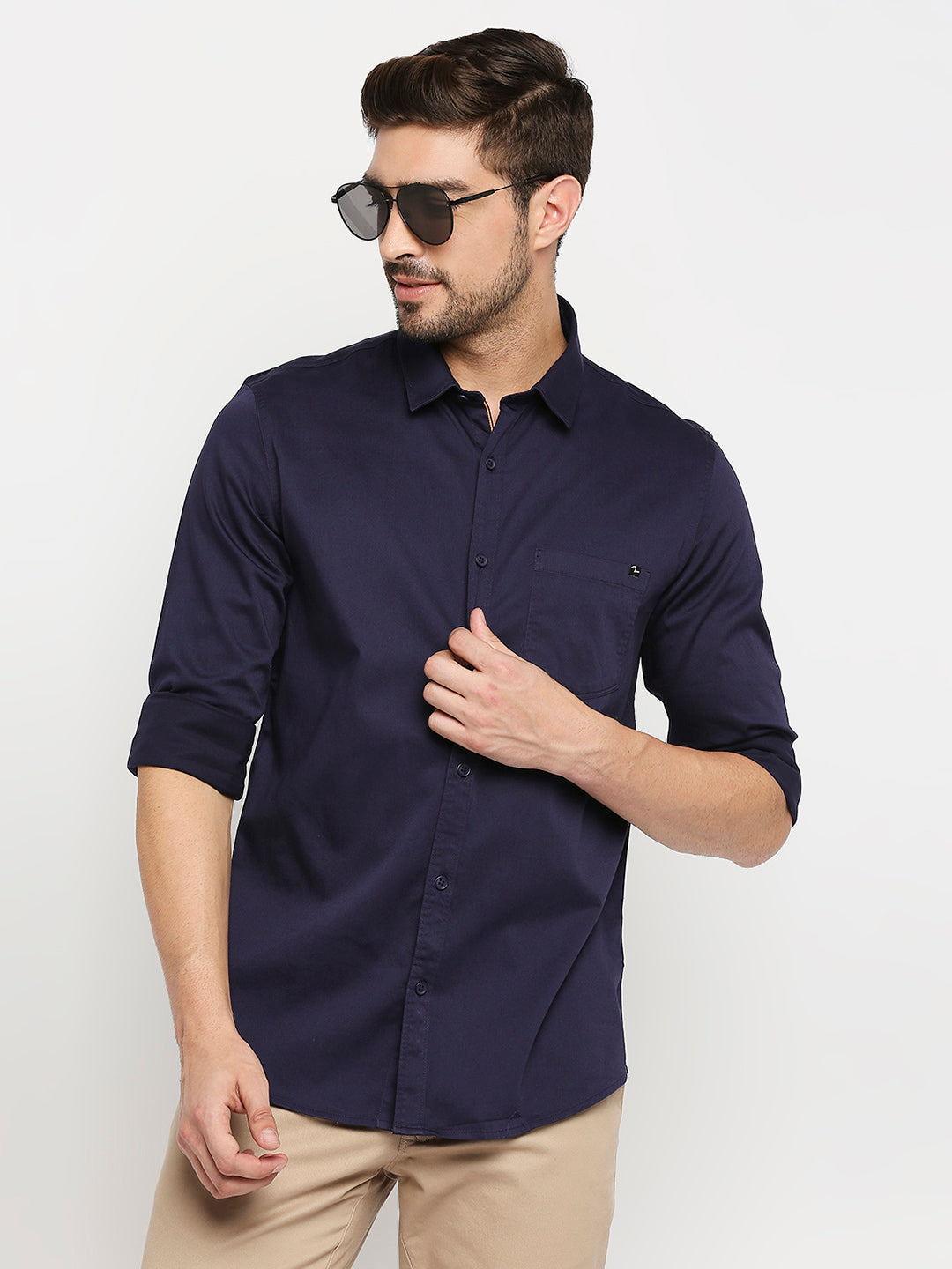 Spykar Men Navy Blue Cotton Regular Fit Full Sleeve Casual Shirt
