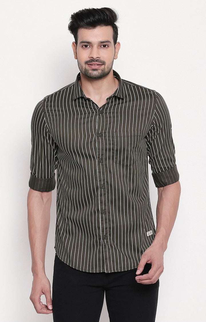 Spykar Men Olive Cotton Slim Fit Striped Shirt