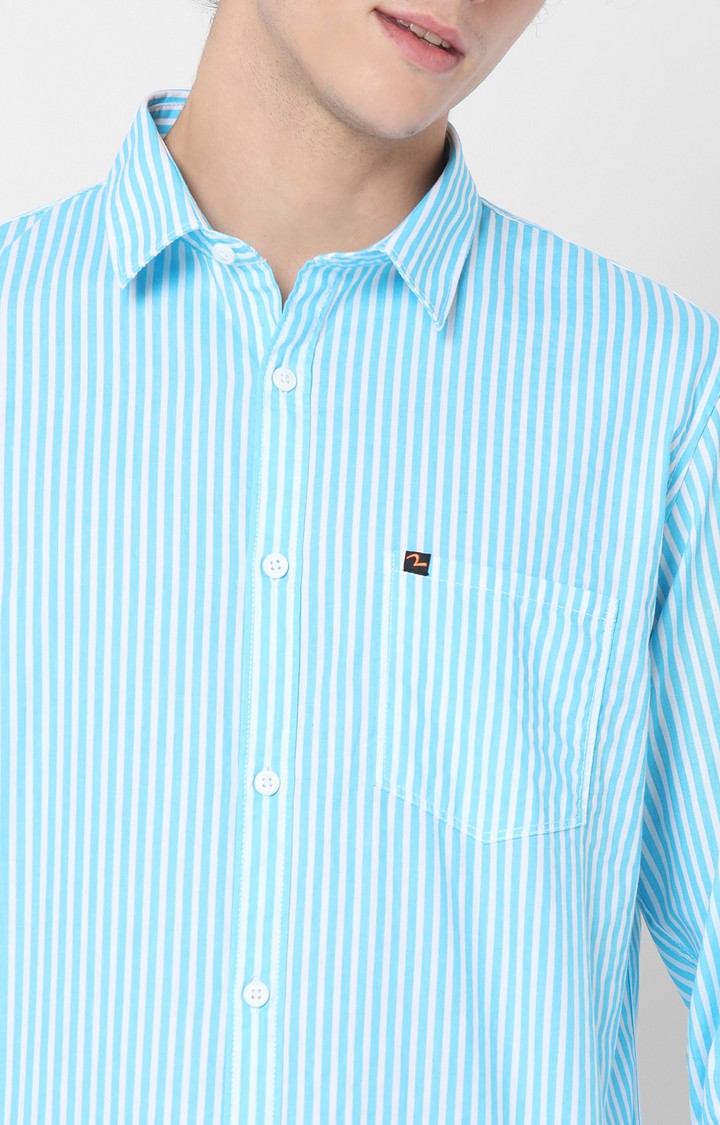 Spykar Slim Fit Blue Striped Full Sleeve Shirts For Men