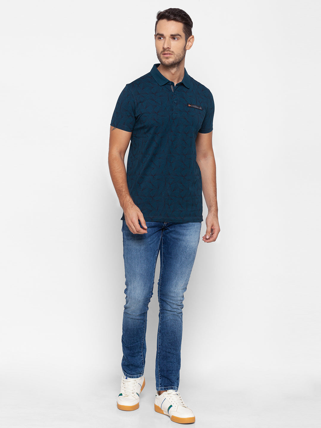 Spykar Men Blue Cotton Slim Fit Polo T-Shirt