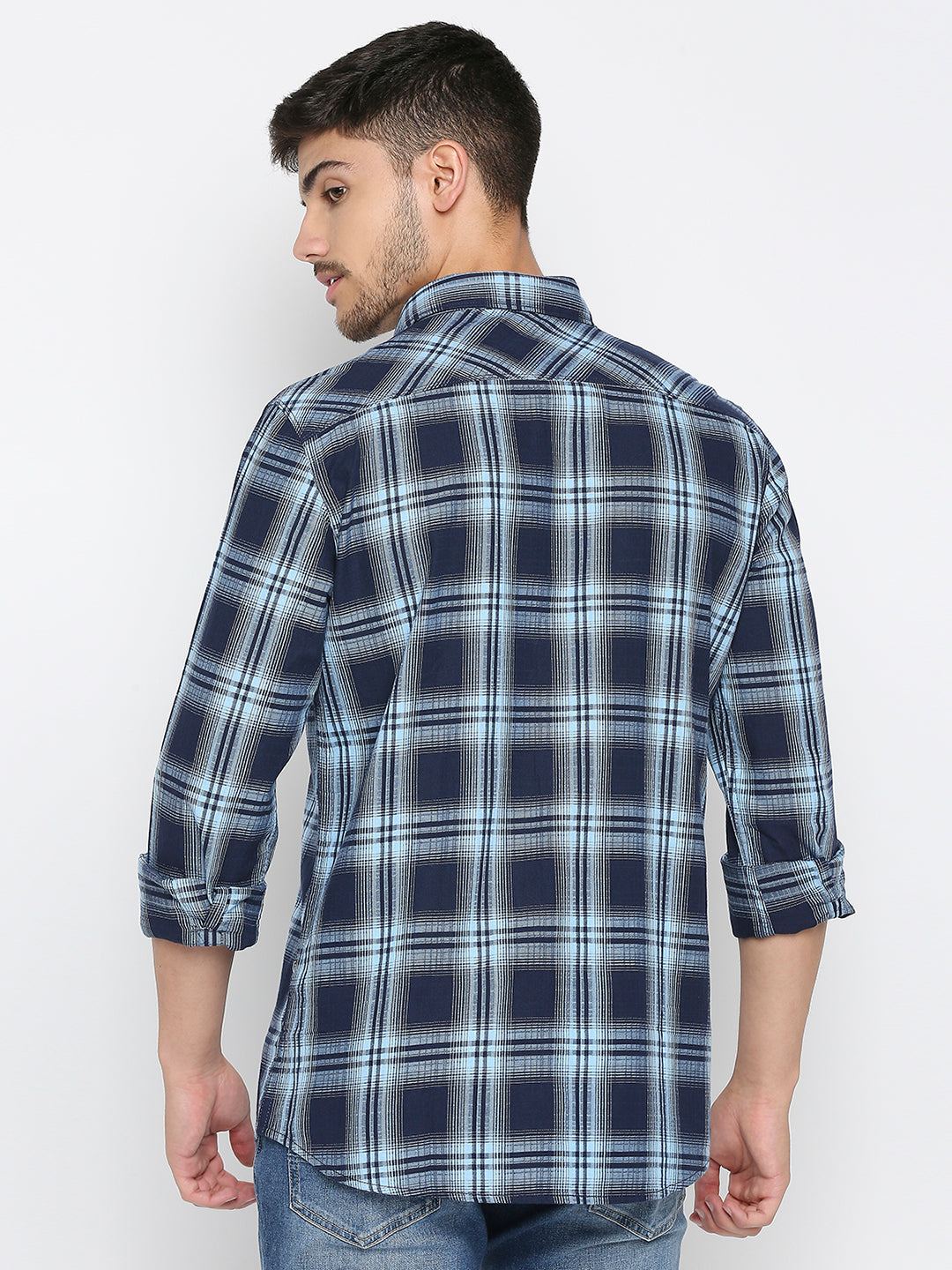 Spykar Indigo Blue Cotton Full Sleeve Checkered Shirt For Men