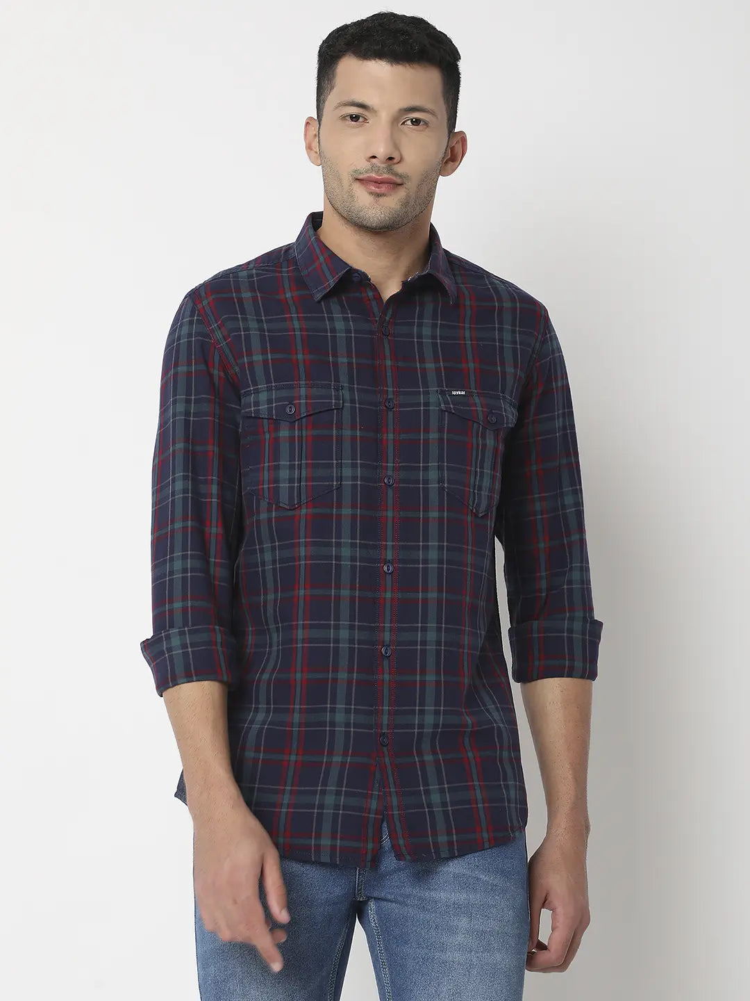 Spykar Men Navy Blue & Wine Red Cotton Slim Fit Checkered Shirt