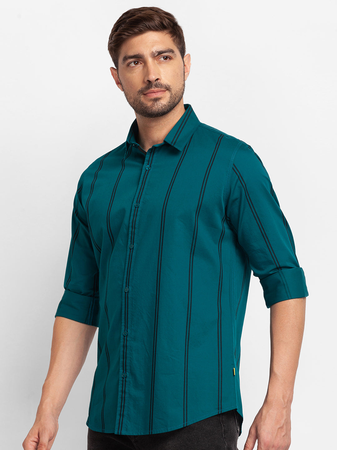 Spykar Sporty Green Cotton Full Sleeve Stripes Shirt For Men