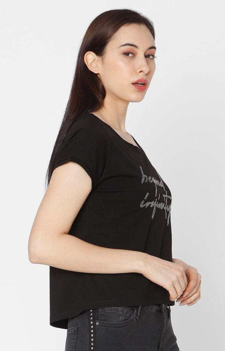 Spykar Women Black Cotton Slim Fit Round Neck T-Shirt