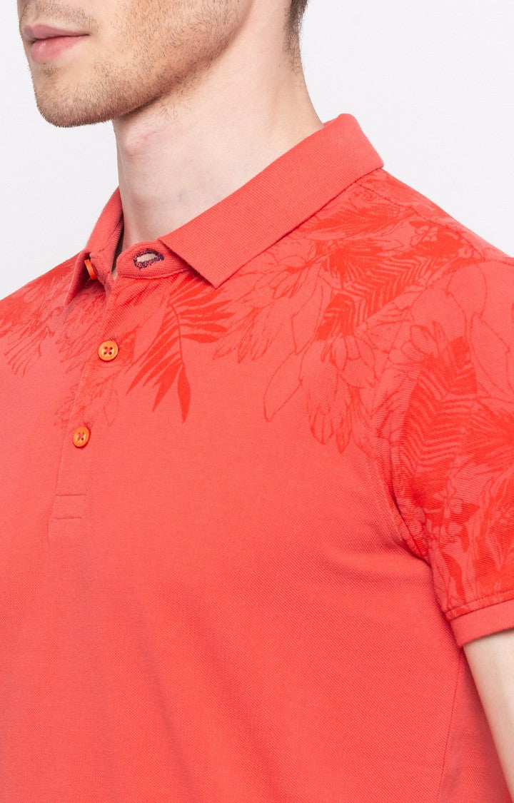 Spykar Pestle Orange Printed Slim Polo Fit T-Shirt