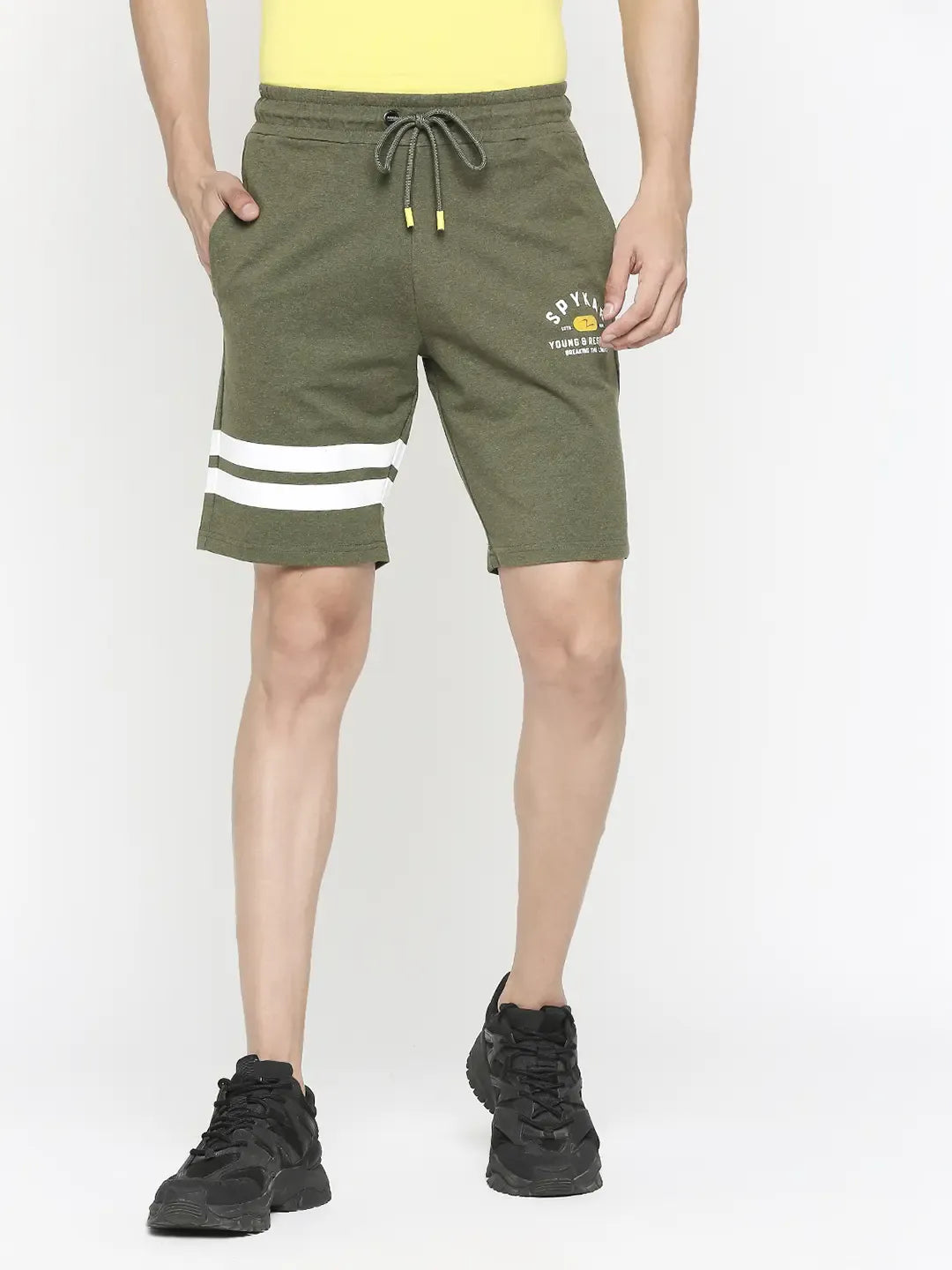 Spykar Men Olive Melange Cotton Regular Fit Knitted Shorts