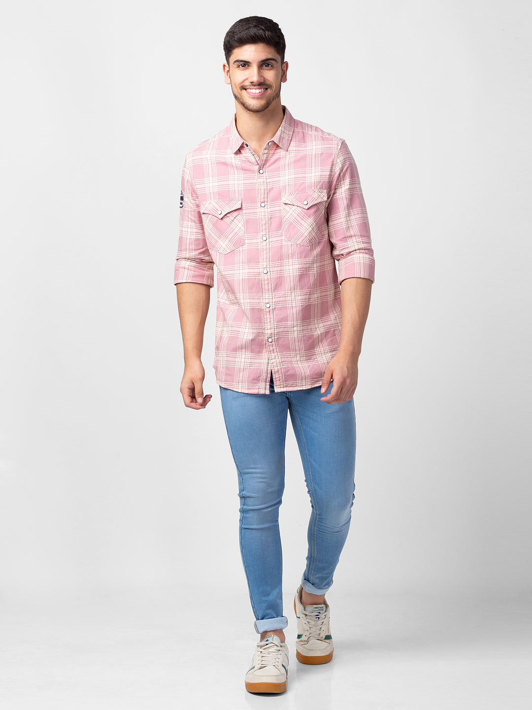 Spykar Men Dusty Pink Cotton Slim Fit Checkered Shirt