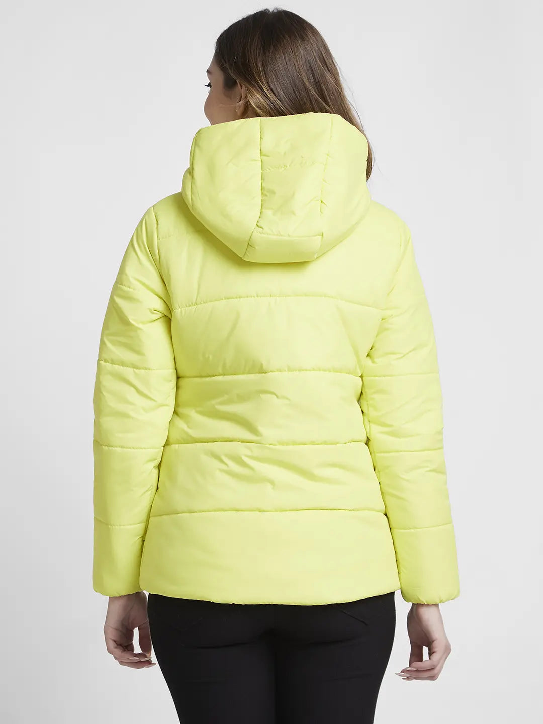 Spykar Women Neon Green Regular Fit Hooded Plain Jacket
