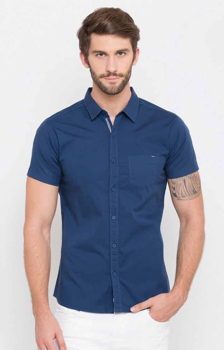 Spykar Men'S Blue Cotton Solid Casual Shirts