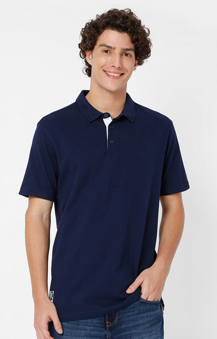 Spykar Men Blue Cotton Slim Fit Plain Polo T-Shirt