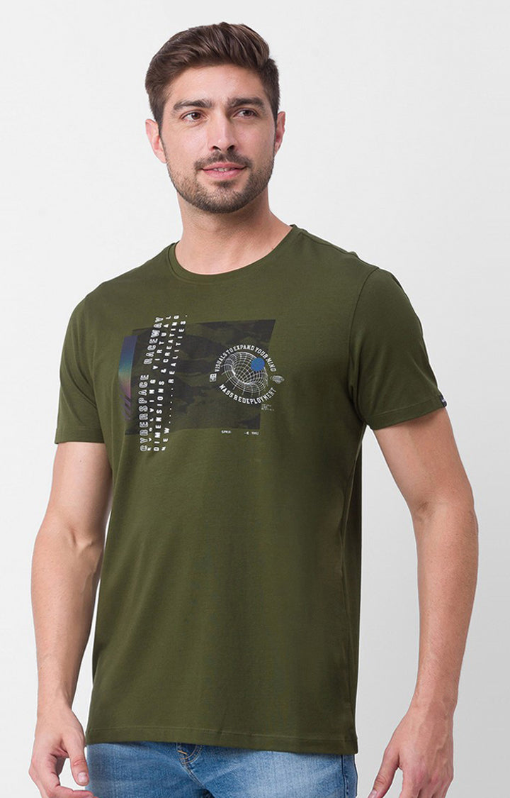 Spykar Rifle Green Cotton Half Sleeve Printed Casual T-Shirt For Men