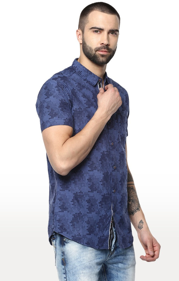 Spykar Men'S Blue Cotton Printed Casual Shirts