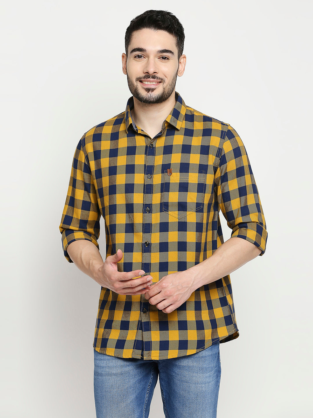 Spykar Camel Khaki Cotton Full Sleeve Checkered Shirt For Men