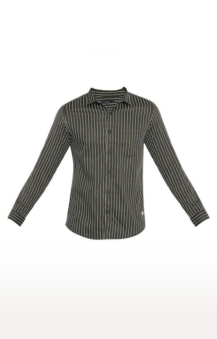 Spykar Men Olive Cotton Slim Fit Striped Shirt