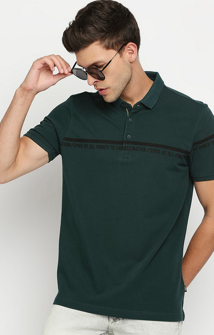 Spykar Men Green Cotton Printed Half Sleeve Polo T-Shirt