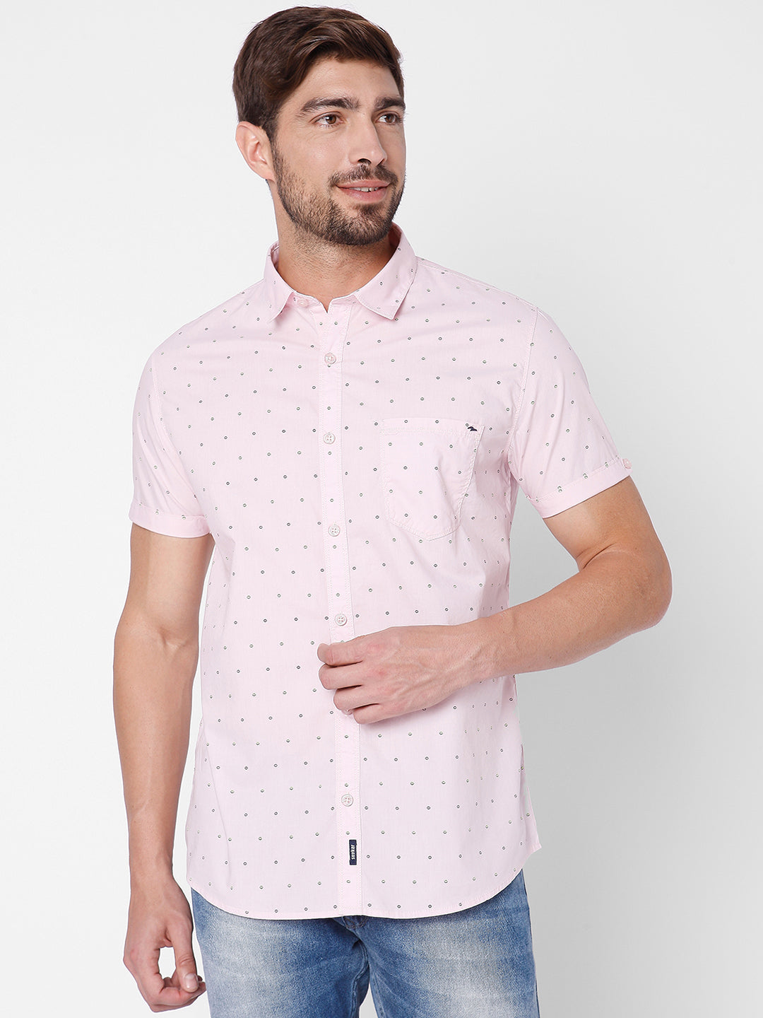 Spykar Slim Fit Men Light Pink Cotton Casual Shirts