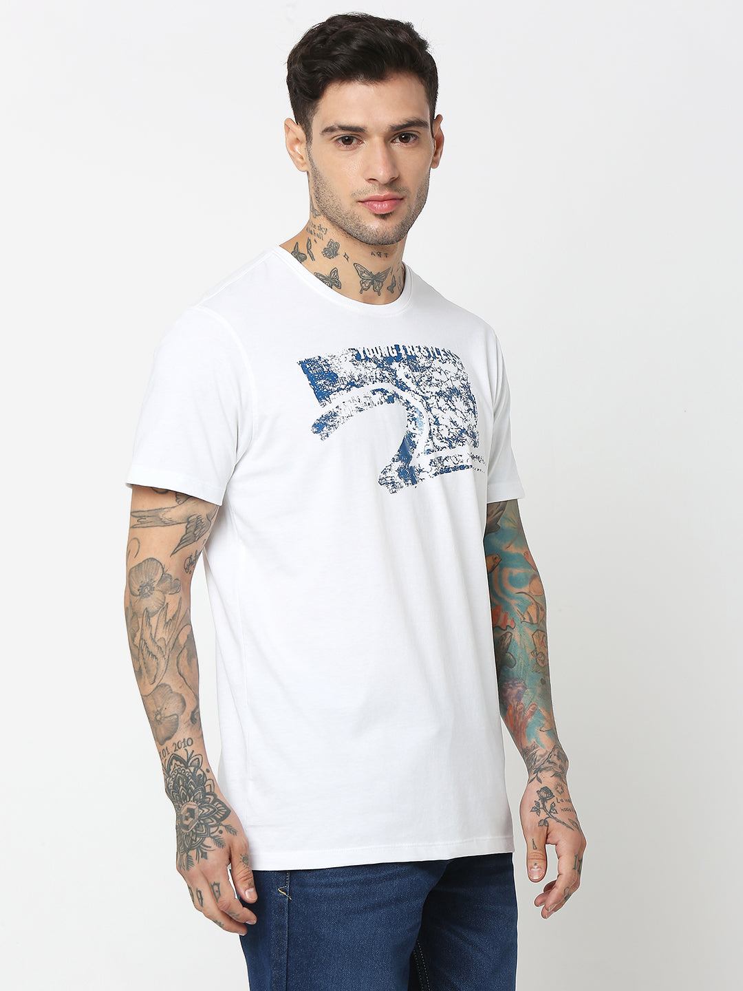 Spykar Men White Cotton Slim Fit Round Neck Printed T-Shirt