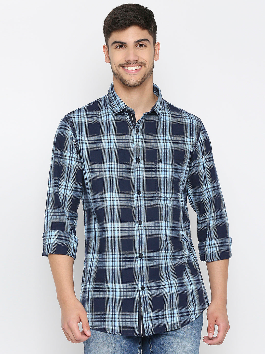 Spykar Indigo Blue Cotton Full Sleeve Checkered Shirt For Men