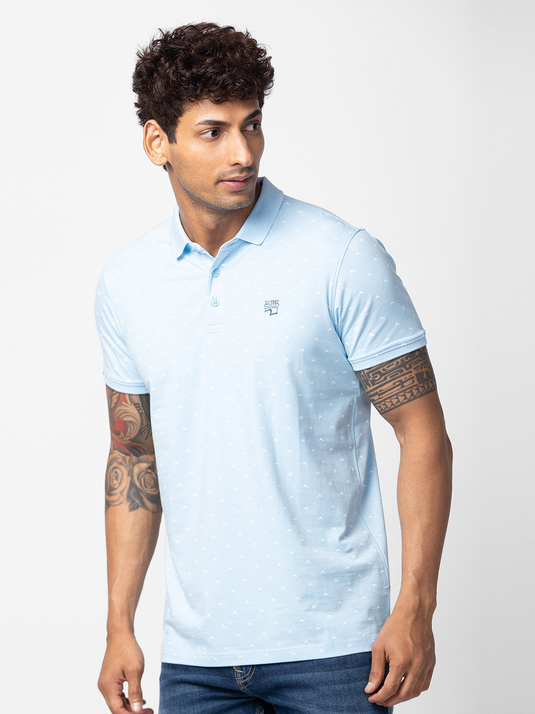 Spykar Men Powder Blue Cotton Regular Fit Half Sleeve Printed Polo T-Shirt