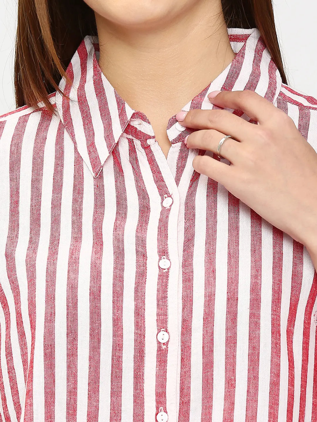 Spykar Women Red Cotton Regular Fit Striped Shirts