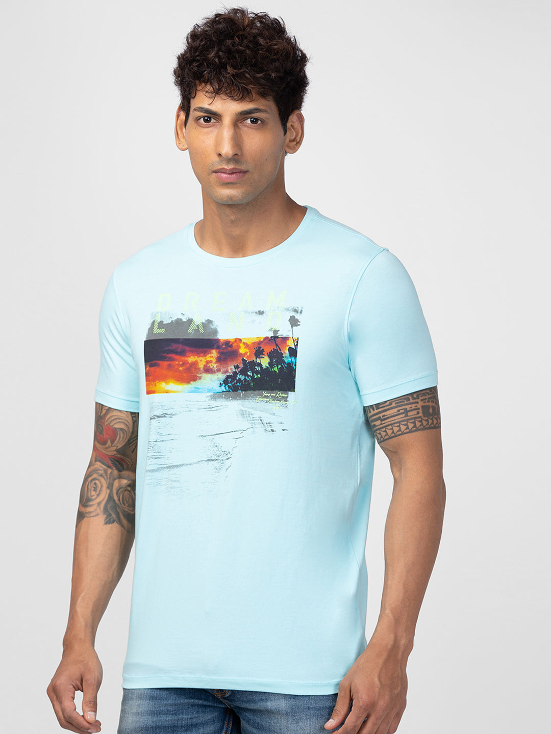 Spykar Men Bleached Aqua Cotton Regular Fit Half Sleeve Printed T-shirt