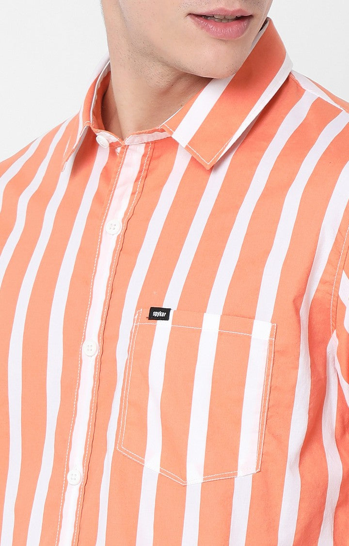 Spykar Slim Fit Orange Full Sleeve Striped Shirts For Mens