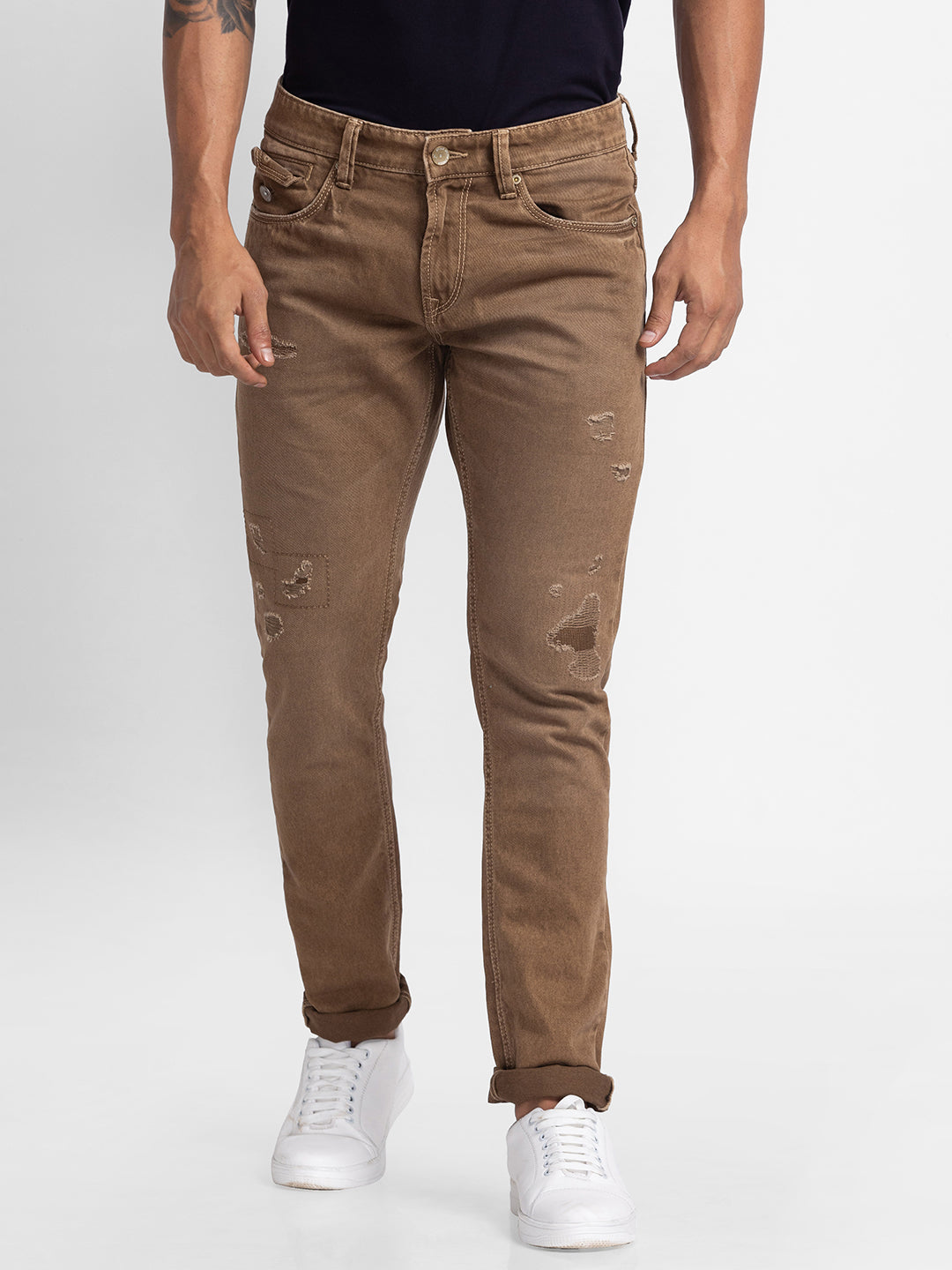 Spykar Khaki Cotton Slim Fit Narrow Length Jeans For Men (Skinny)
