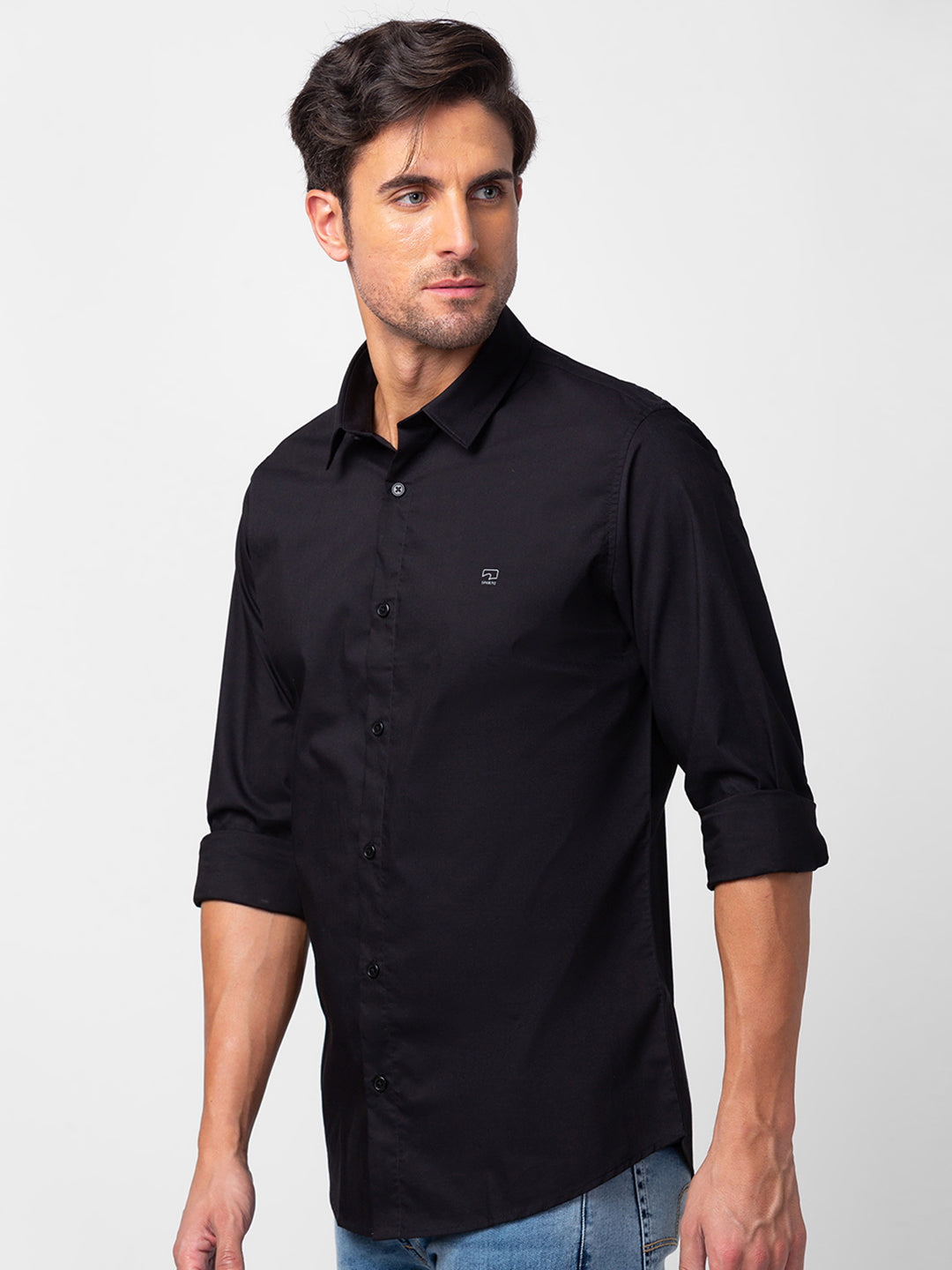 Spykar Men Black Cotton Slim Fit Plain Shirt