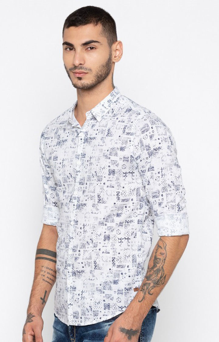 Spykar Men'S White Cotton Printed Casual Shirts