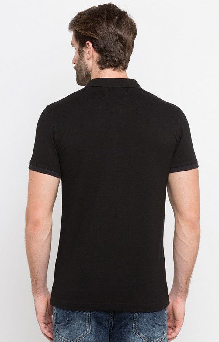 Spykar Black Printed Slim Fit Polo T-Shirt