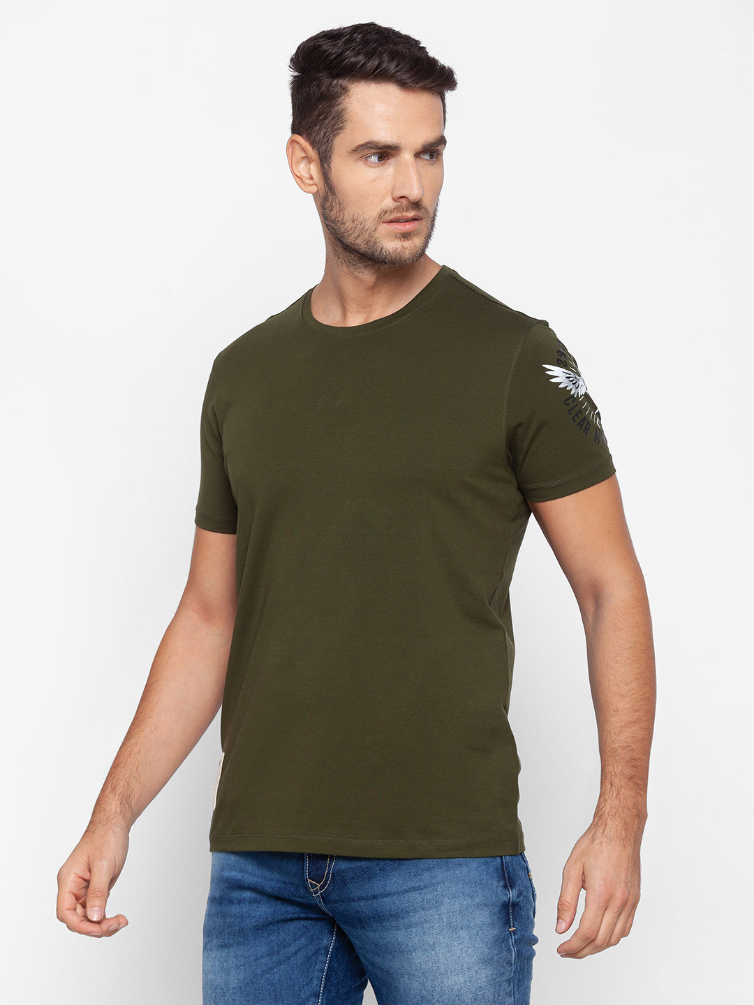 Spykar Green Cotton Men T-Shirt