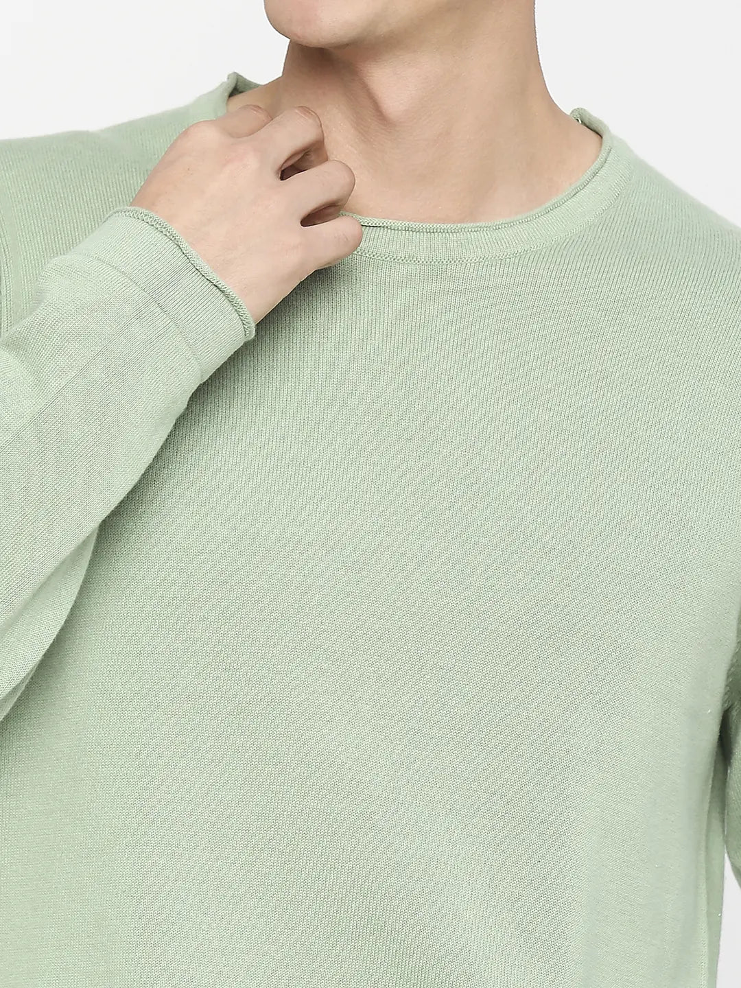 Spykar Pista Green Cotton Full Sleeve Casual Sweater For Men