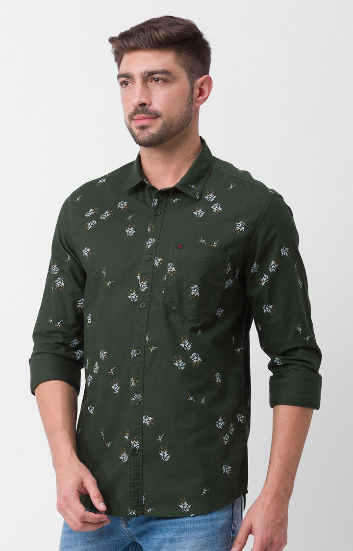 Spykar Olive Green Cotton Full Sleeve Printed Shirt For Men