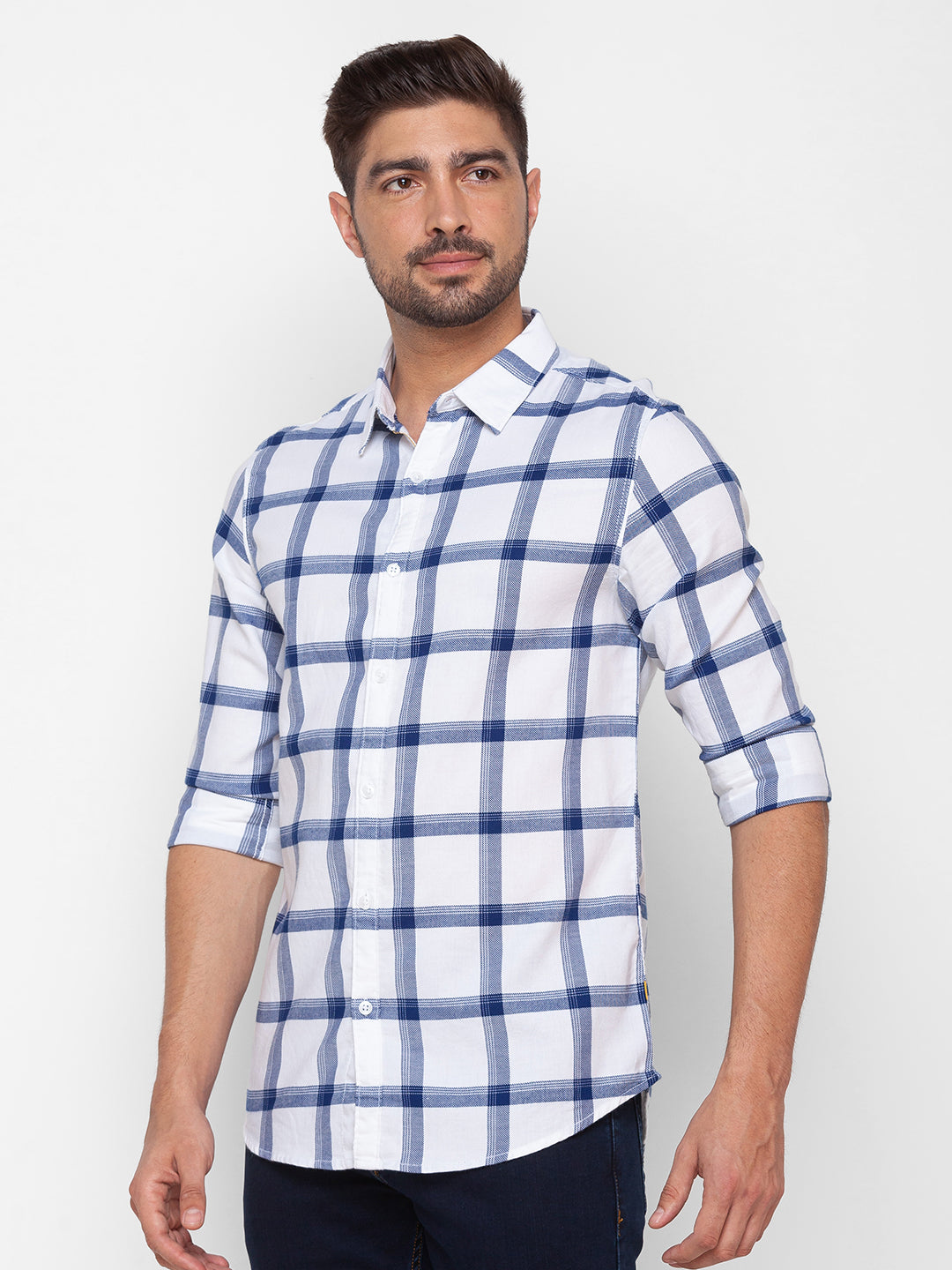 Spykar White Cotton Full Sleeve Checks Shirt For Men