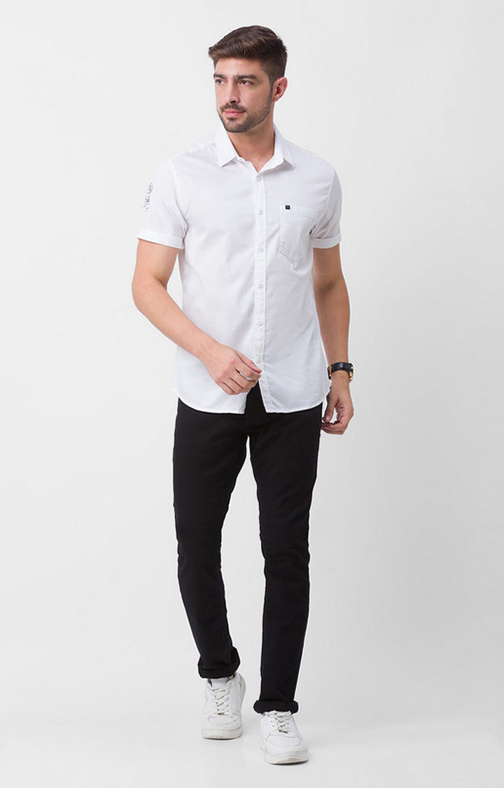 Spykar White Cotton Half Sleeve Plain Shirt For Men