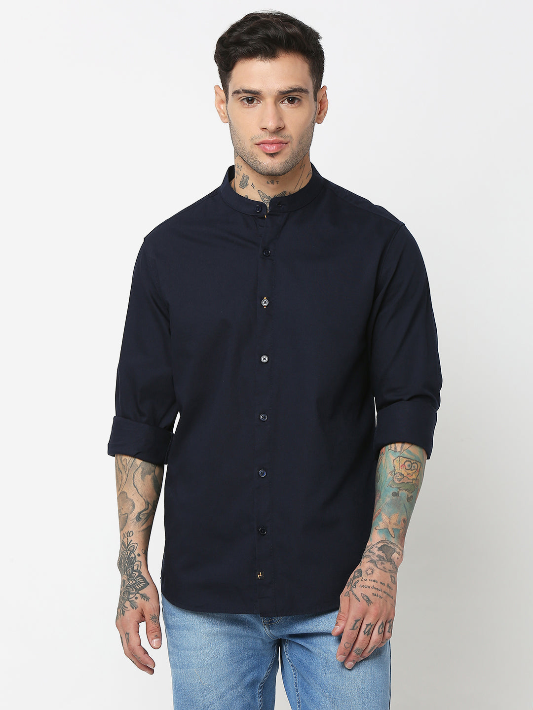 Spykar Men Navy Blue Cotton Slim Fit Plain Shirts