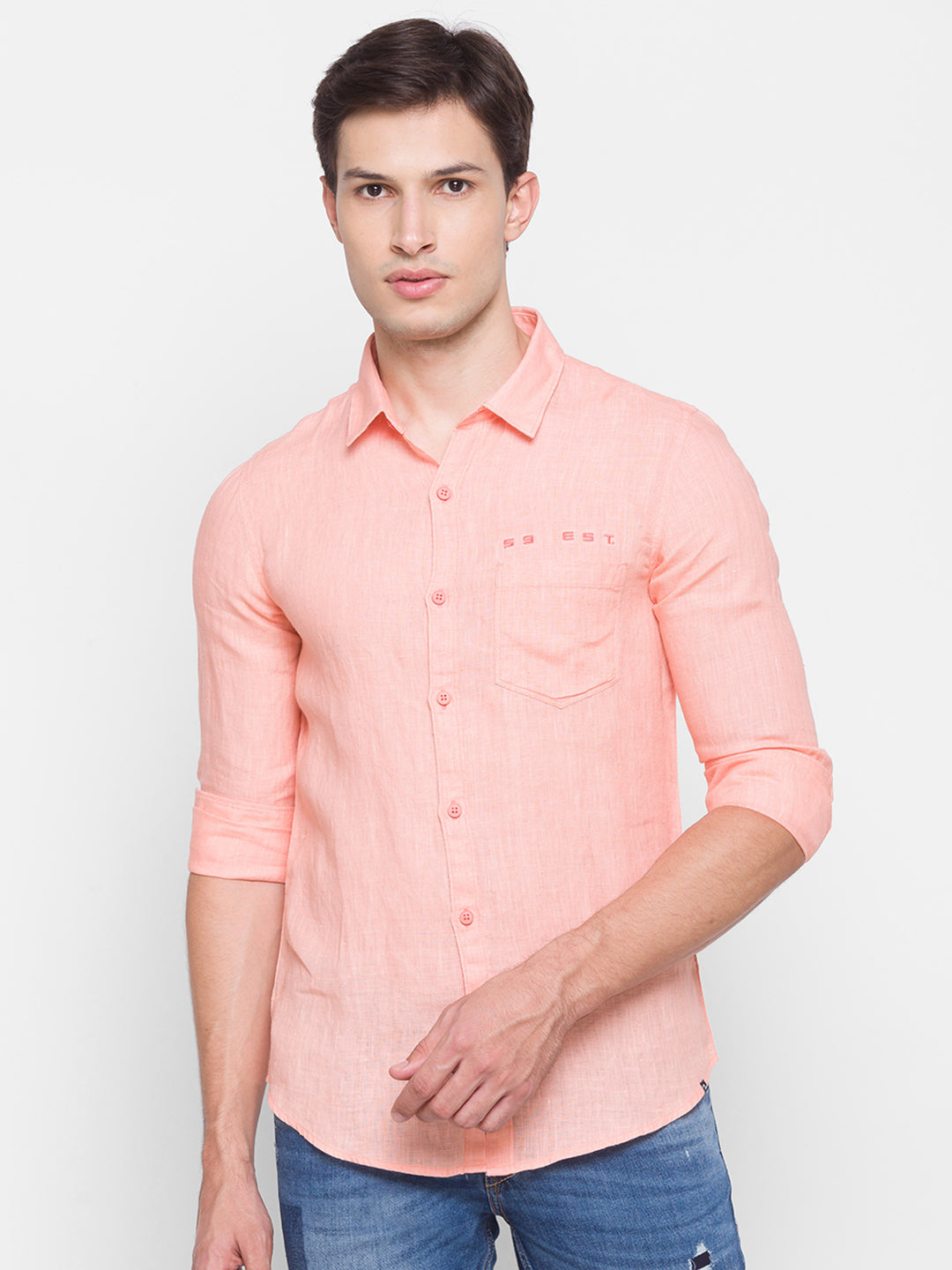 Spykar Slim Fit Orange Cotton Men Shirt