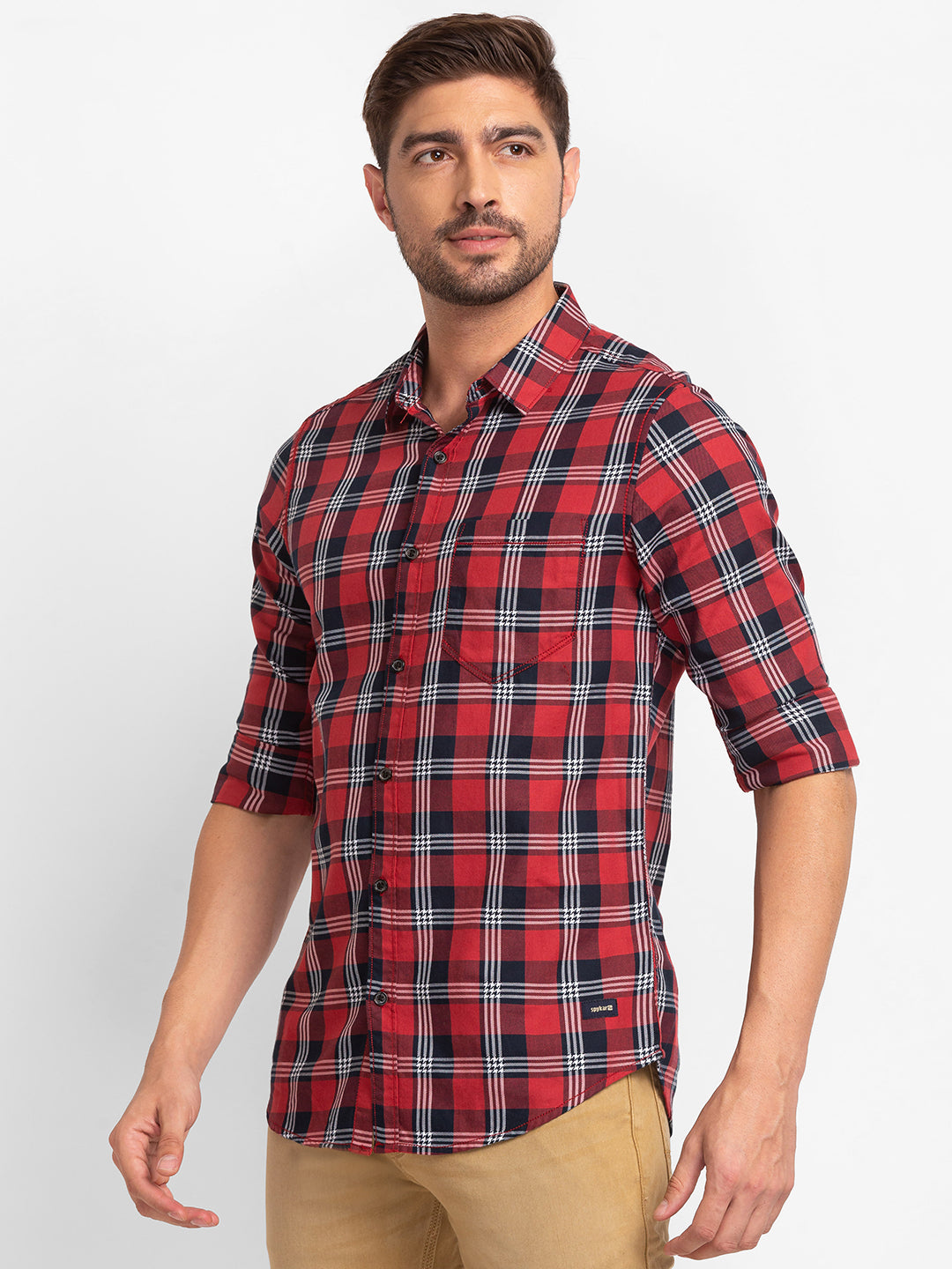 Spykar Brick Red Cotton Full Sleeve Checks Shirt For Men