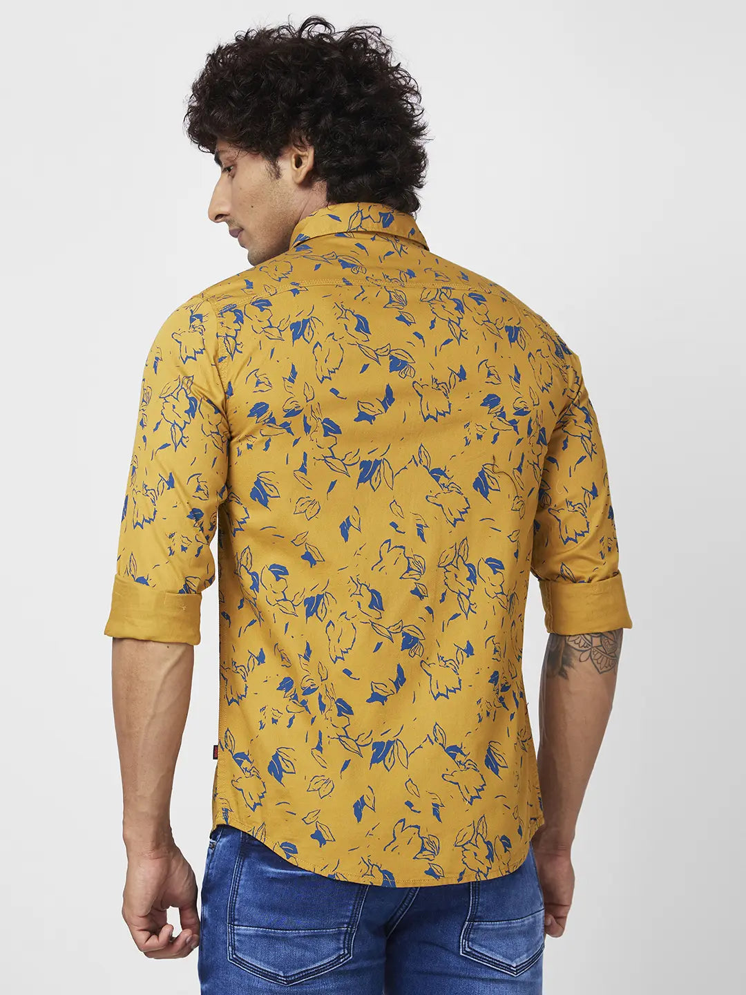 Spykar Men Camel Khaki Cotton Regular Slim Fit Full Sleeve Casual Floral Print Shirt