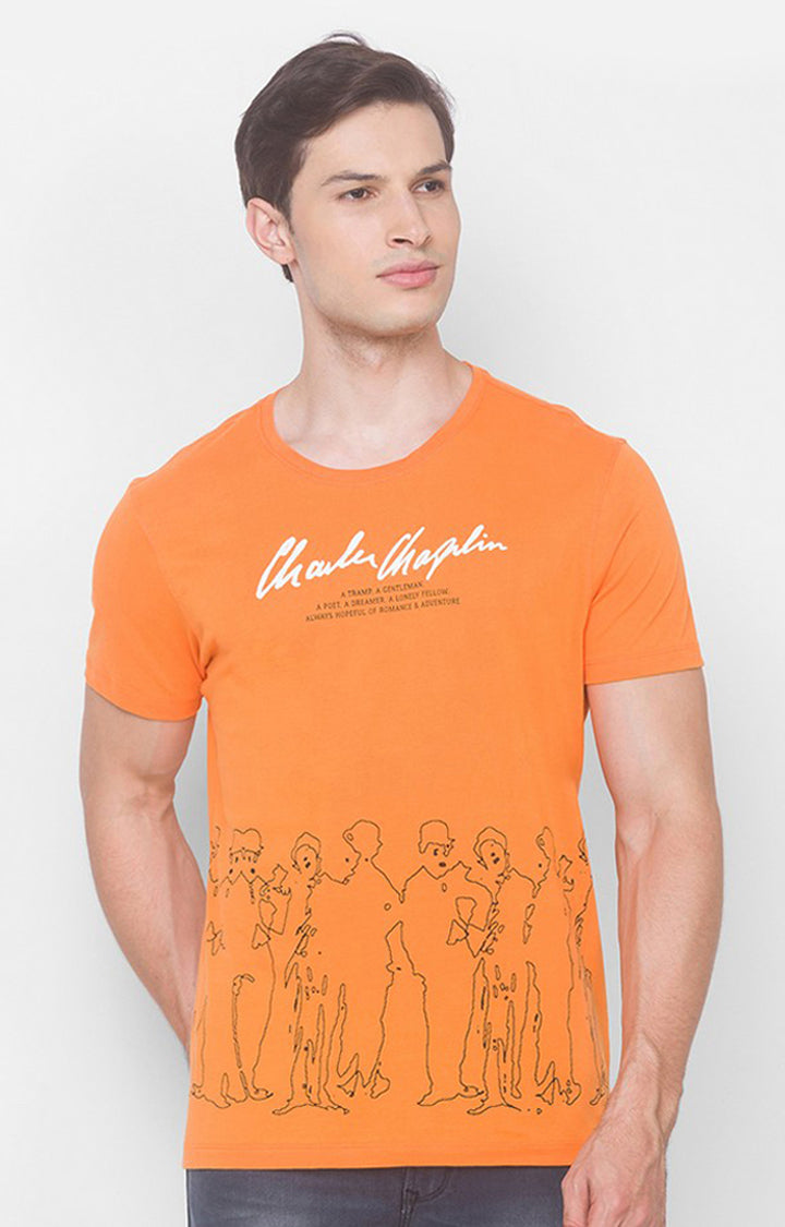 Charlie Chaplin Spykar Men Light Orange Blended Slim Fit Printed Round Neck Tshirt