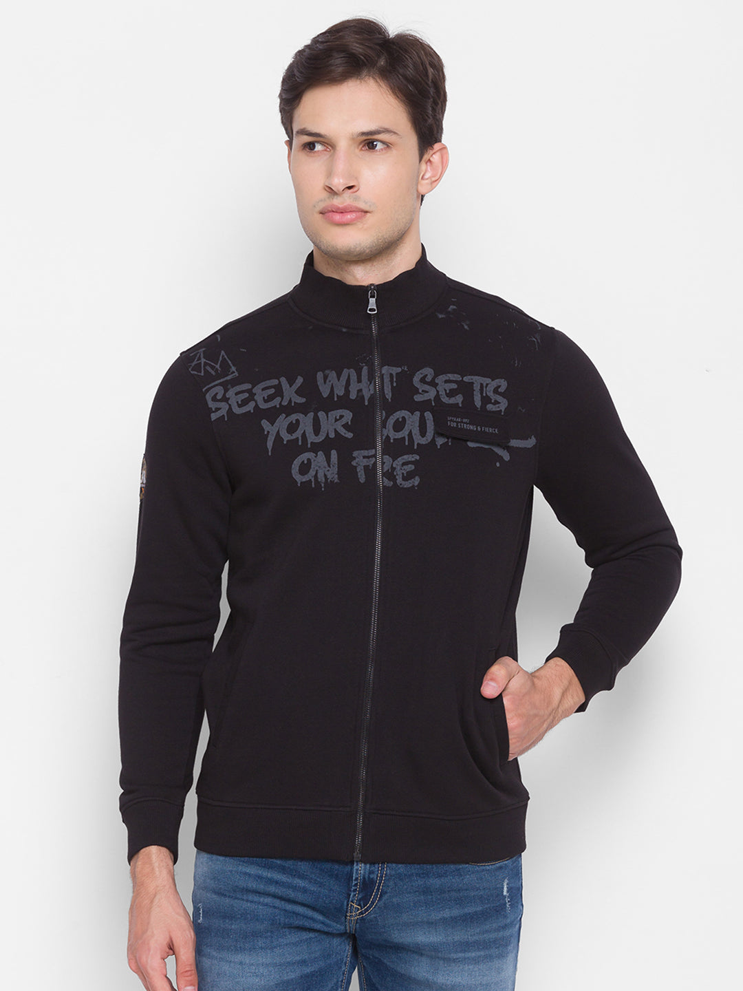 Spykar Black Cotton Sweatshirt For Men