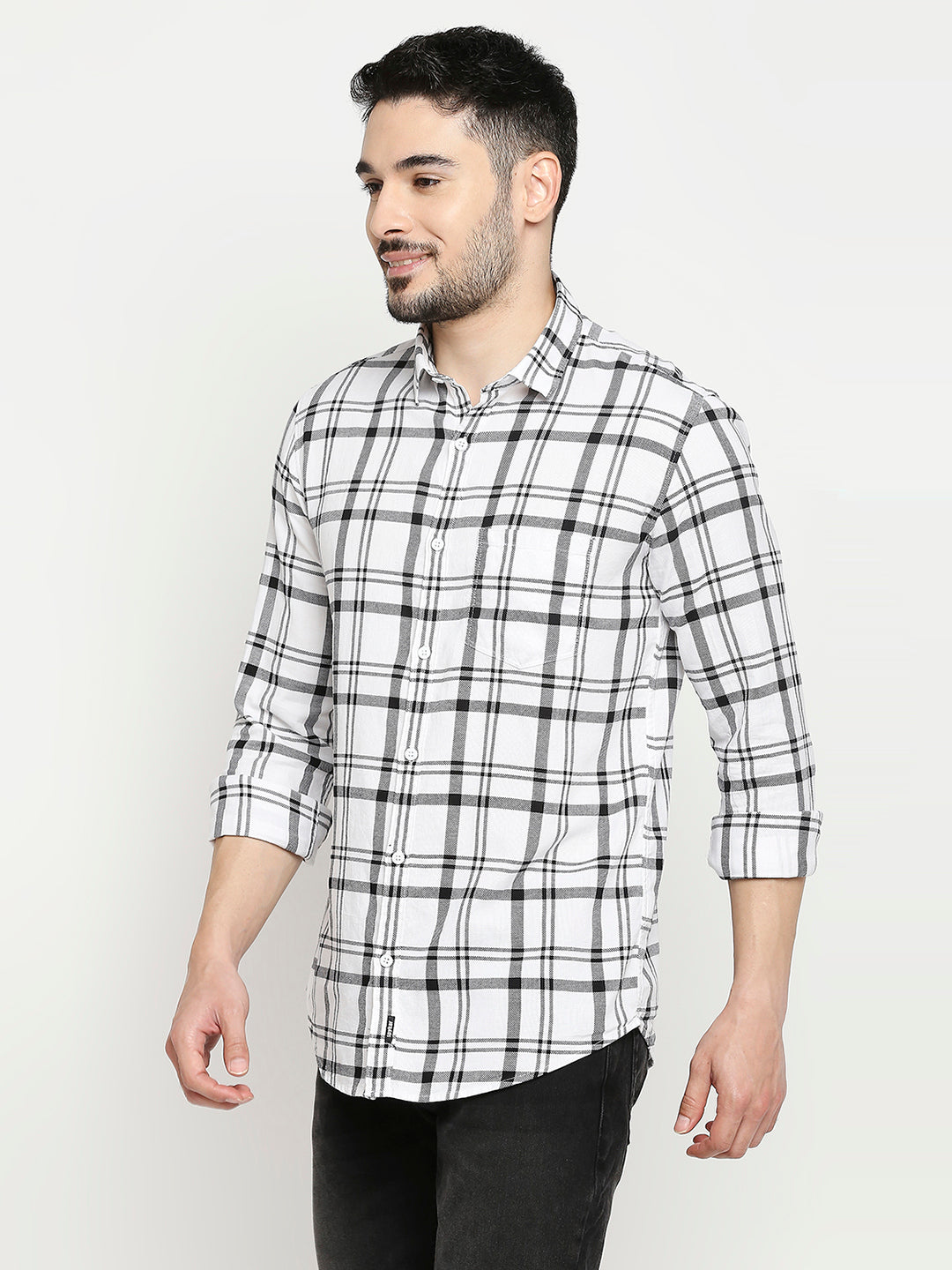 Spykar White Cotton Full Sleeve Checkered Shirt For Men