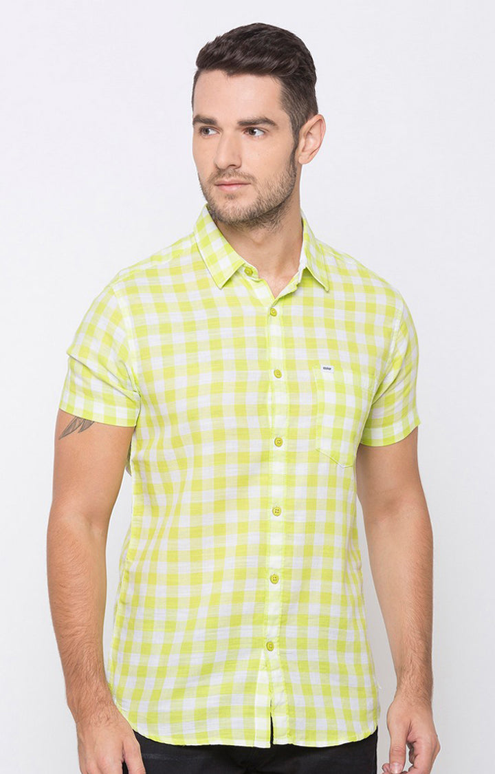 Spykar Men Lime Yellow Cotton Slim Fit Checkered Shirt