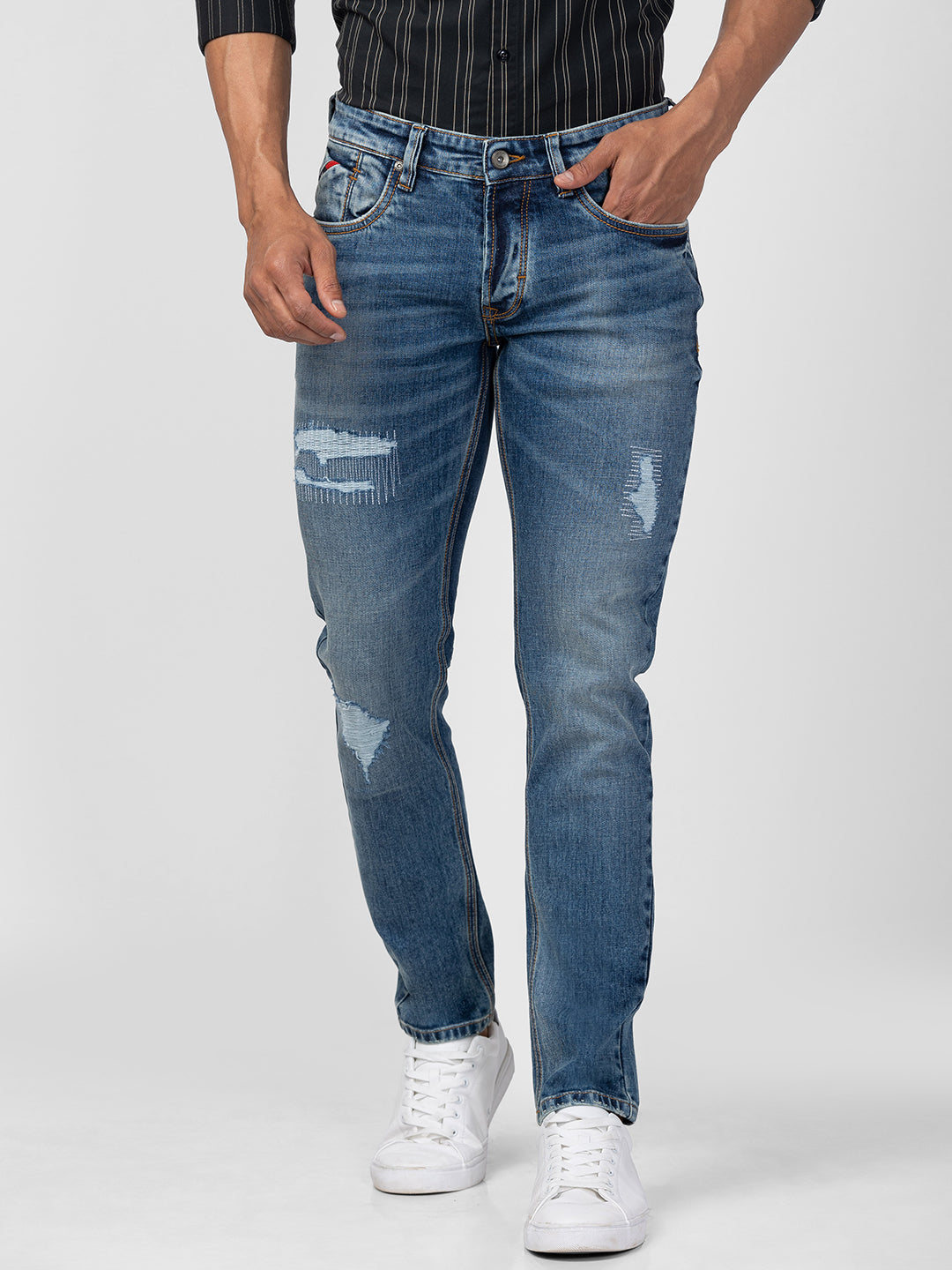 Buy Men Mid Blue Cotton Slim Fit Light Ripped Mid Rise Jeans